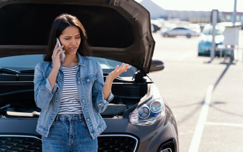 Woman standing next to her broken car