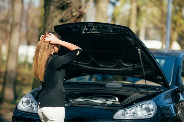 A woman looking under the hood of a car